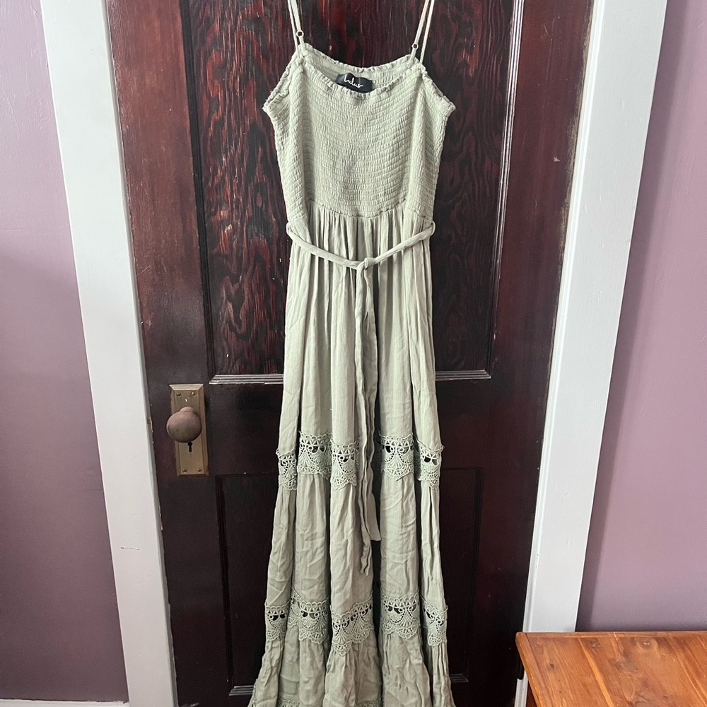 Lulu's Sage Green Maxi Dress with Lace Detail